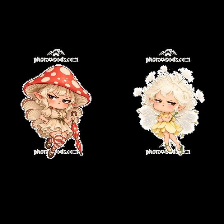 Grumpy fairy with mushroom hat and grumpy fairy with wings - AI-generated stock image