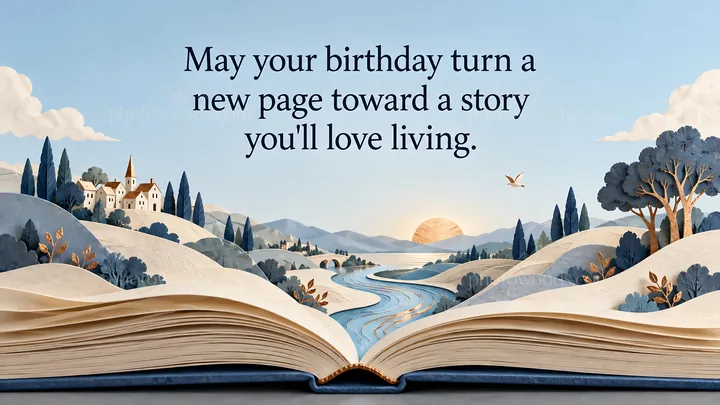 Birthday Greeting Over an Open Book Landscape - AI-generated stock image