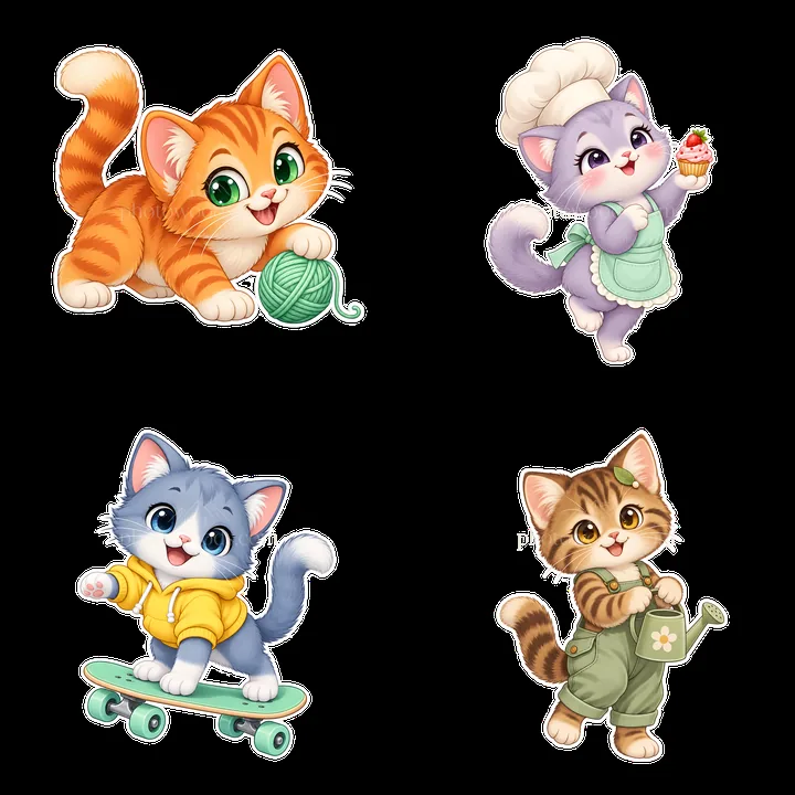 Cute kawaii cats with unique hobbies in a 2x2 layout - AI-generated stock image