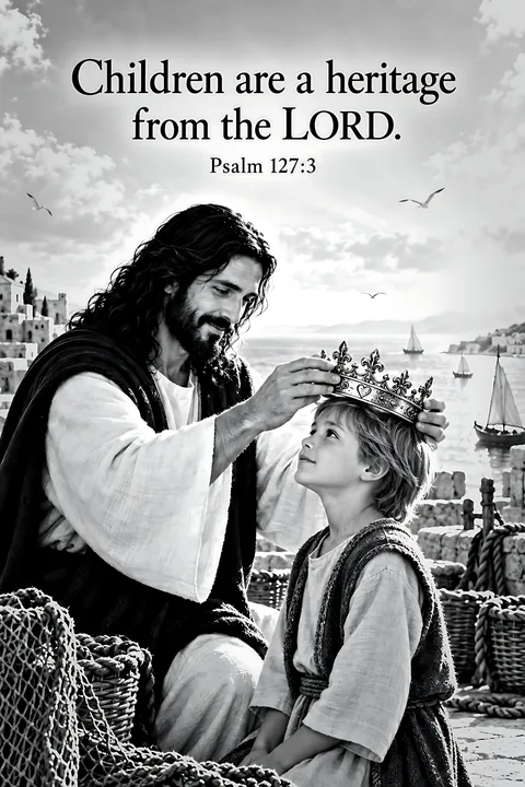 Children receiving love and blessing above the harbor - AI-generated stock image