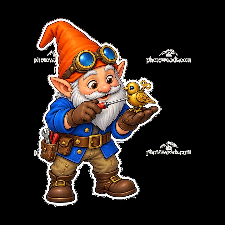 Gnome with orange hat and bird toy in hands - AI-generated stock image