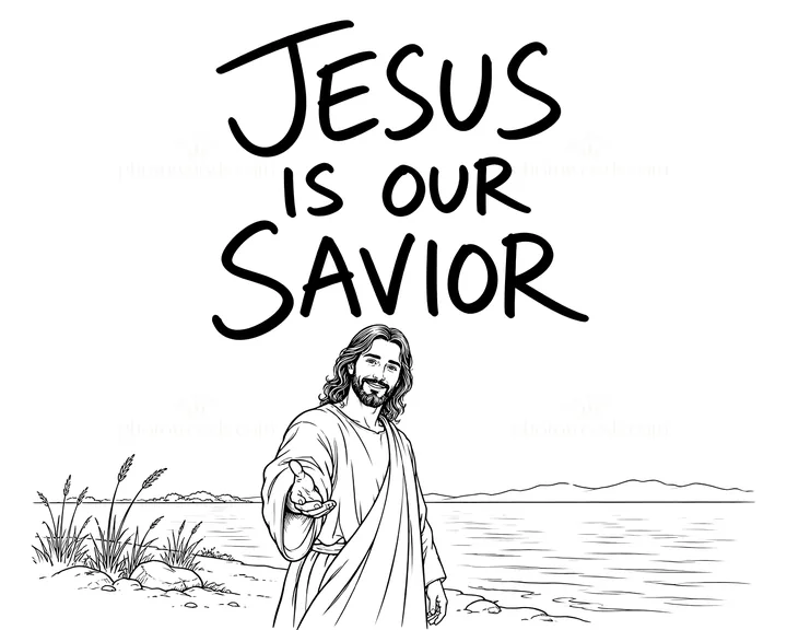Jesus Christ greets viewers by the water's edge - AI-generated stock image