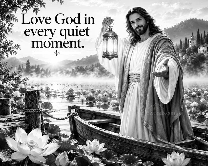Jesus Christ sharing love with a lantern by the water - AI-generated stock image
