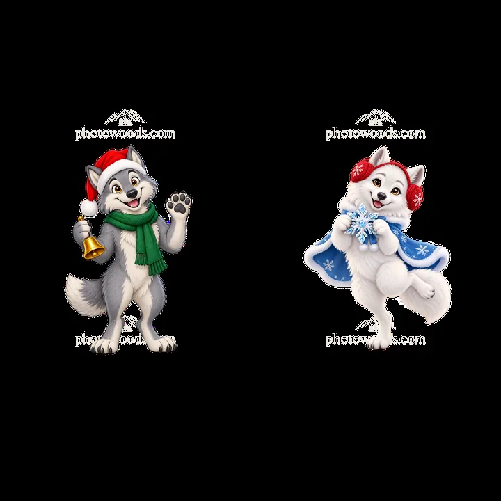 Christmas wolf characters with bell and snowflake accessory - AI-generated stock image