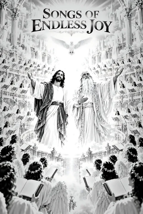 Songs of Endless Joy featuring figures in a heavenly scene - AI-generated stock image