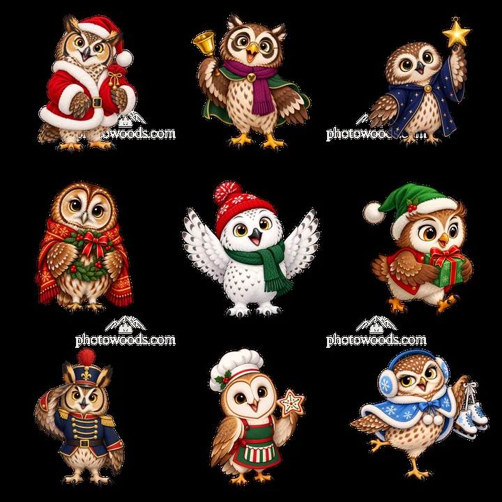 Colorful Christmas owl stickers in a 3x3 layout - AI-generated stock image