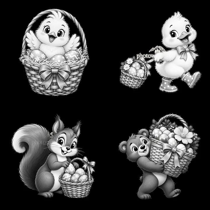 Easter basket with cute animals and decorative eggs in black and white - AI-generated stock image