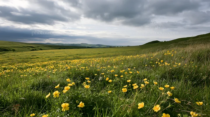 Cloudy meadow with pasque flower blooms in the foreground - AI-generated stock image