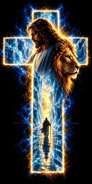 Jesus Christ in a cross with a lion and a mystical landscape - AI-generated stock image