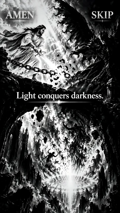 Jesus Christ defeating darkness with light - AI-generated stock image