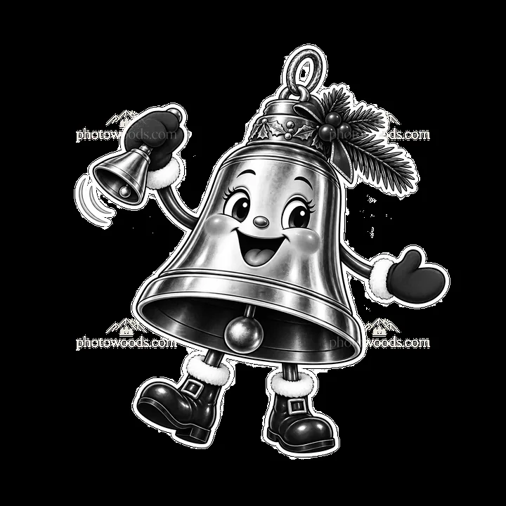 Cartoon bell character with a smile and Christmas decorations - AI-generated stock image