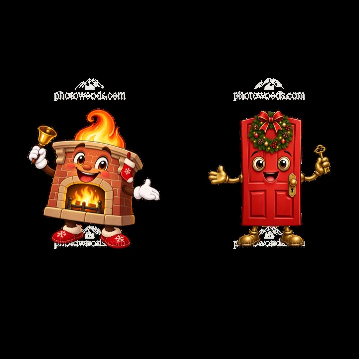 Cartoon fireplace and door characters for Christmas house design - AI-generated stock image