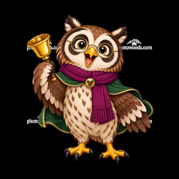 Christmas owl holding a bell and wearing a scarf with glasses - AI-generated stock image