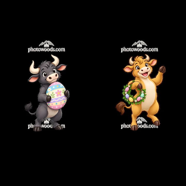 Easter ox characters with egg and flower wreath in celebration - AI-generated stock image