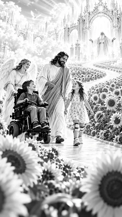 Jesus Christ walking with children in a heavenly garden - AI-generated stock image