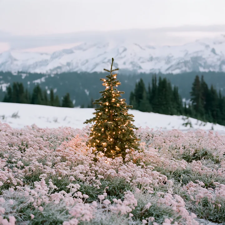 Christmas tree with lights in snowy mountain meadow - AI-generated stock image