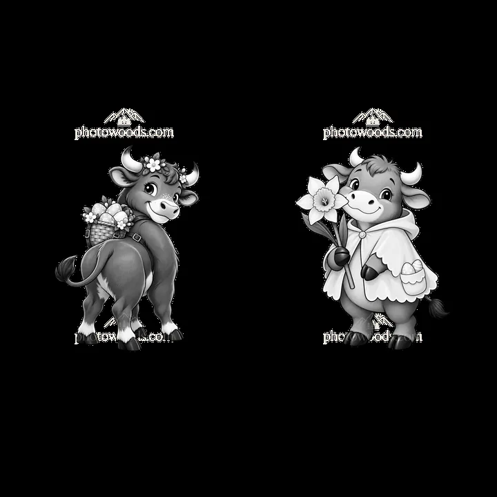 Easter ox characters with flowers and a basket of eggs - AI-generated stock image