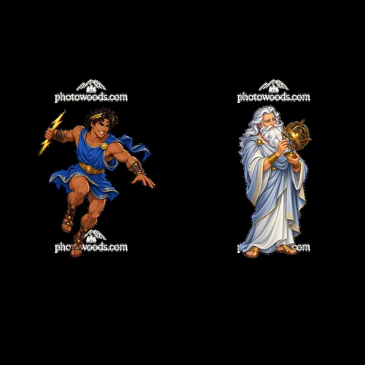 Zeus and Hercules cartoon sticker set with dynamic poses - AI-generated stock image