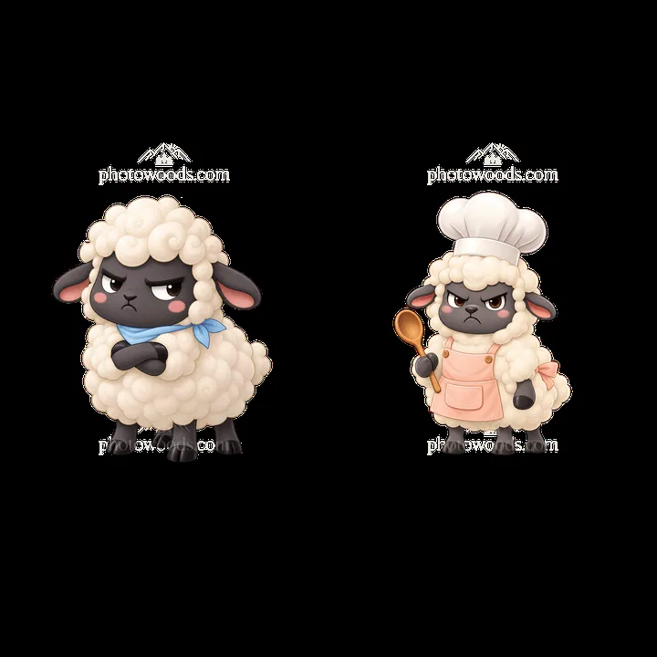 Kawaii grumpy sheep characters with chef and casual attire - AI-generated stock image