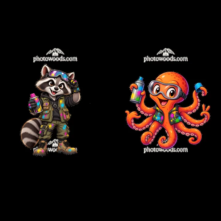 Raccoon and octopus graffiti sprayers with spray paint bottles - AI-generated stock image