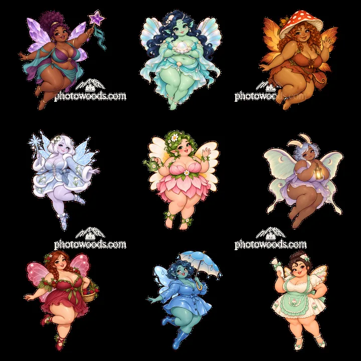Kawaii ultra-fat fairy stickers in colorful 3x3 layout - AI-generated stock image