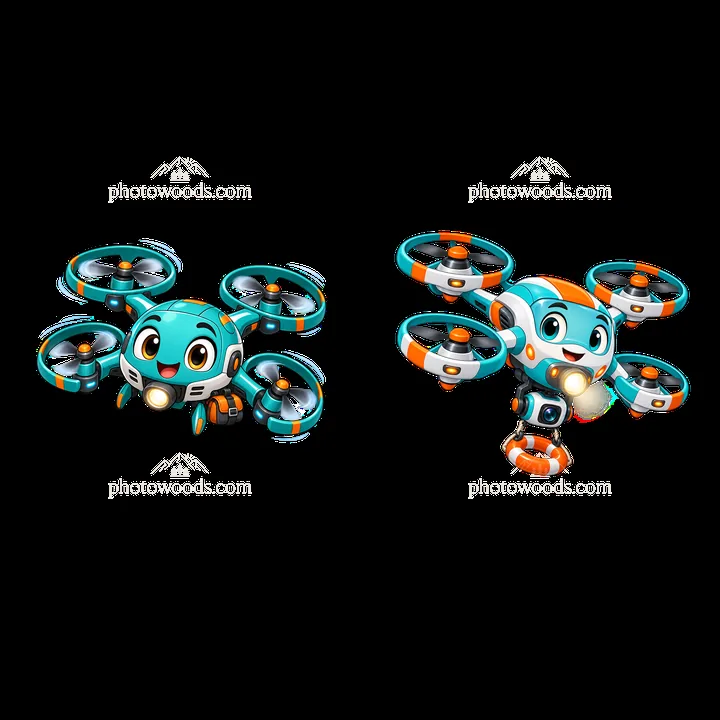 Cartoon drones with friendly faces and distinctive colors - AI-generated stock image