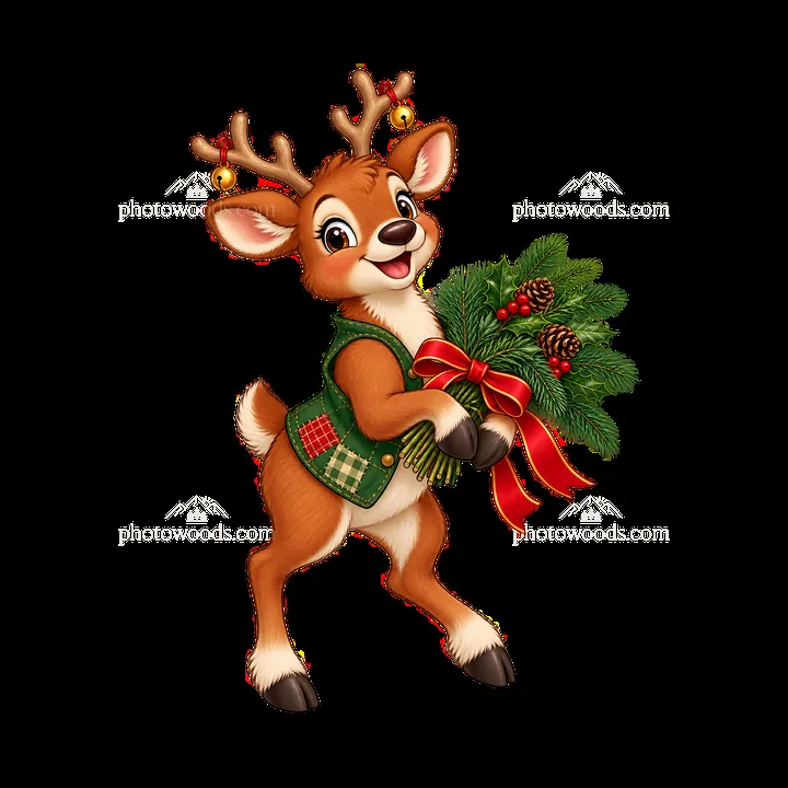 Reindeer holding festive bouquet with pinecones and ribbon - AI-generated stock image