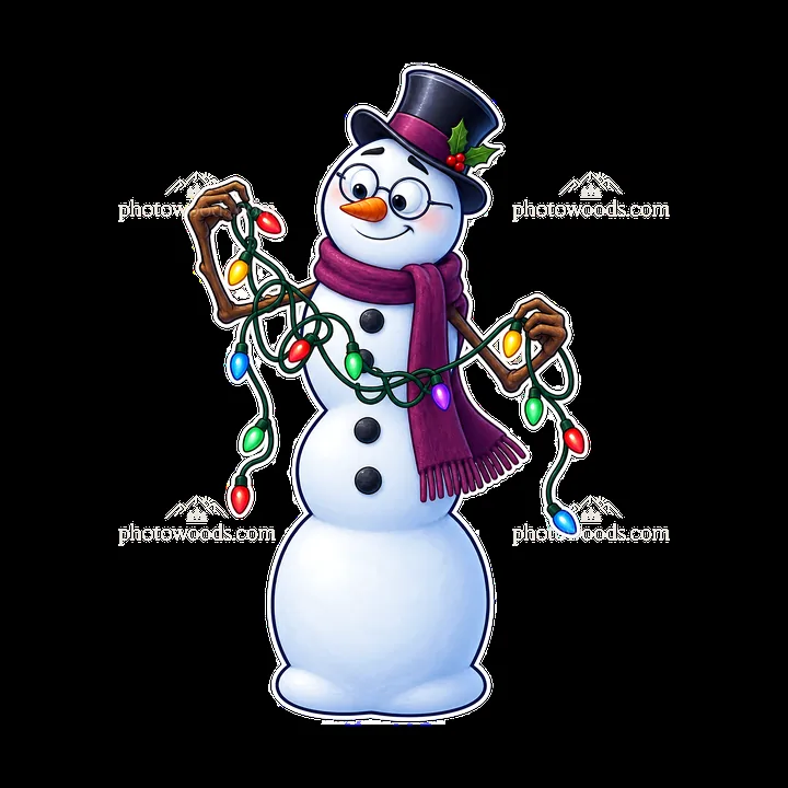 Snowman holding colorful string lights in winter attire - AI-generated stock image