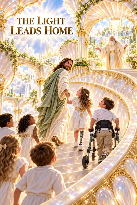 Jesus Christ guiding children on a path to light - AI-generated stock image