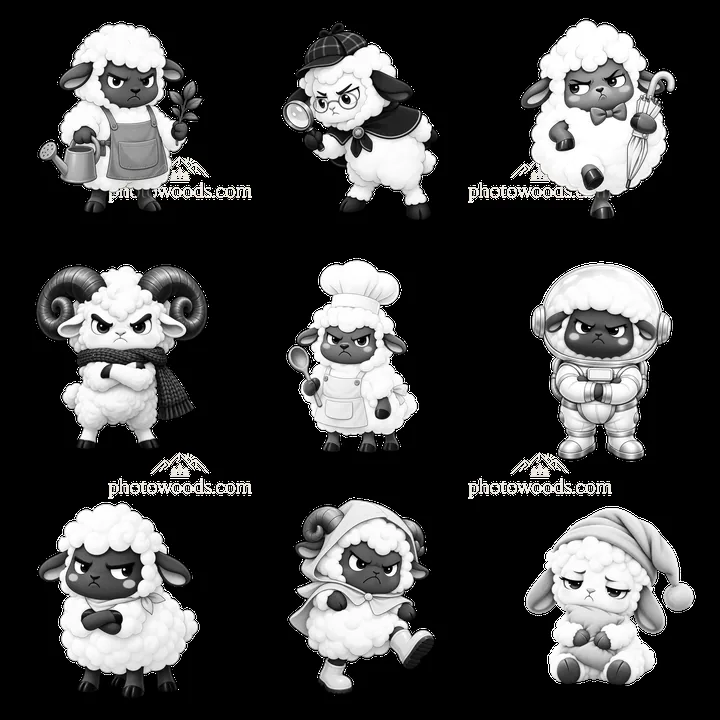 Kawaii grumpy sheep in various poses and outfits in a square layout - AI-generated stock image