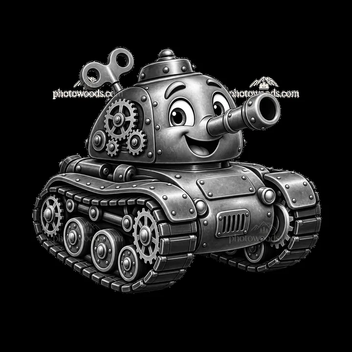 Cartoon tank with character face and wind-up key - AI-generated stock image
