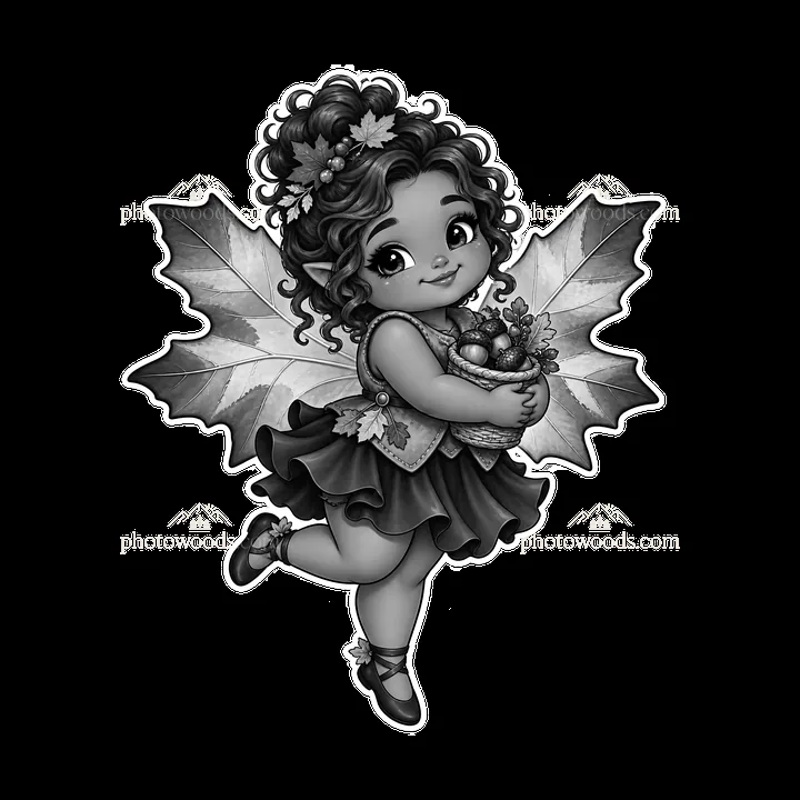 Kawaii chubby fairy with flower basket and large leaf wings - AI-generated stock image