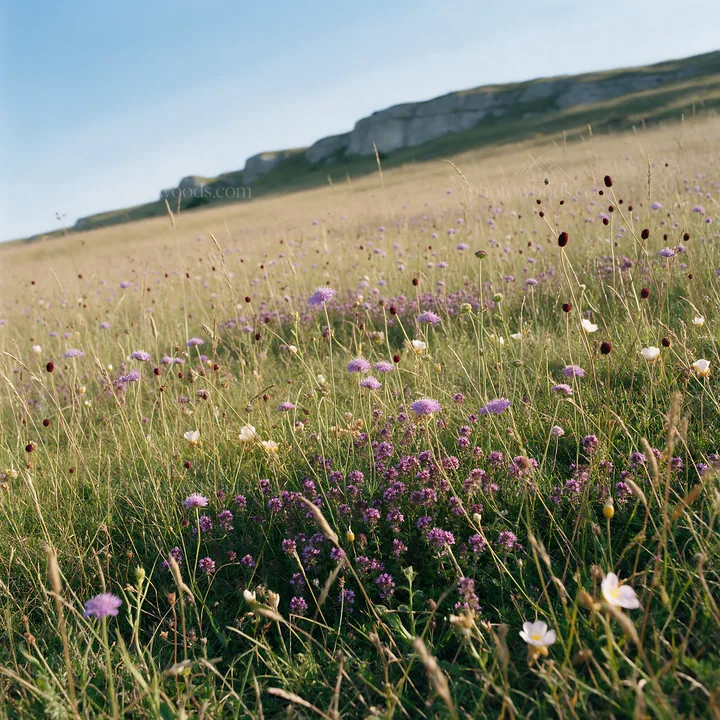 Sunny dry meadow filled with flowers and open space - AI-generated stock image