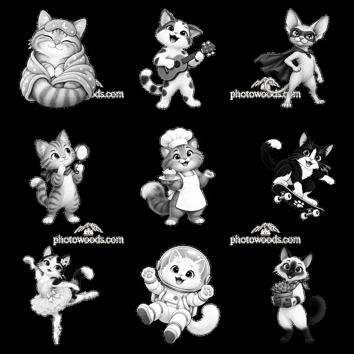 Cartoon cat characters engaging in various activities in a grid layout - AI-generated stock image