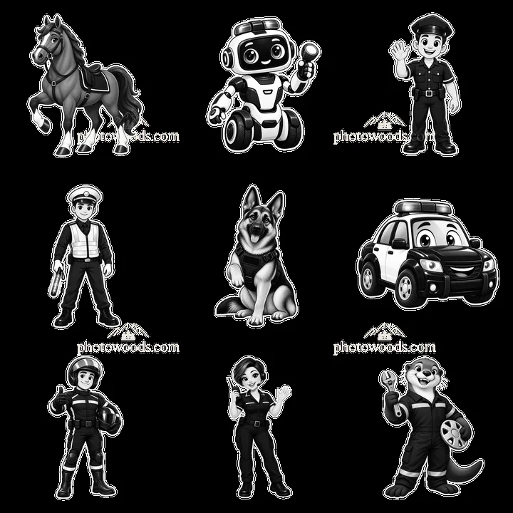 Black-and-white sticker set of police cars and characters - AI-generated stock image