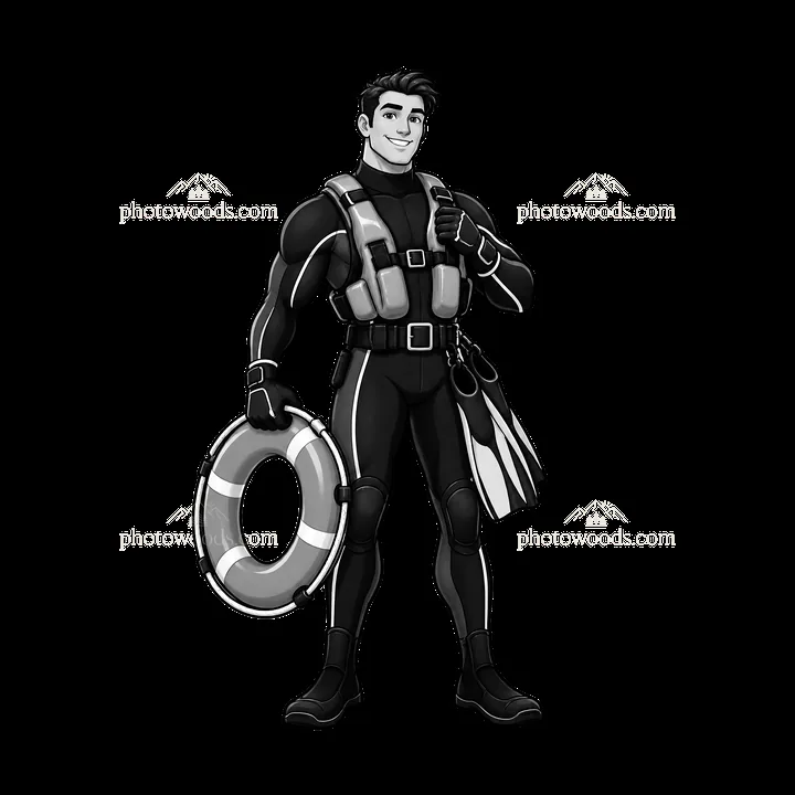 Lifeguard character with flotation device in black and white - AI-generated stock image