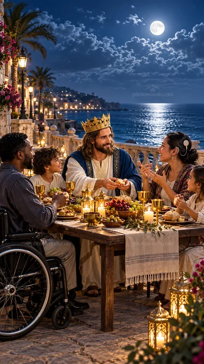 Jesus Christ sharing a meal with friends by the sea - AI-generated stock image