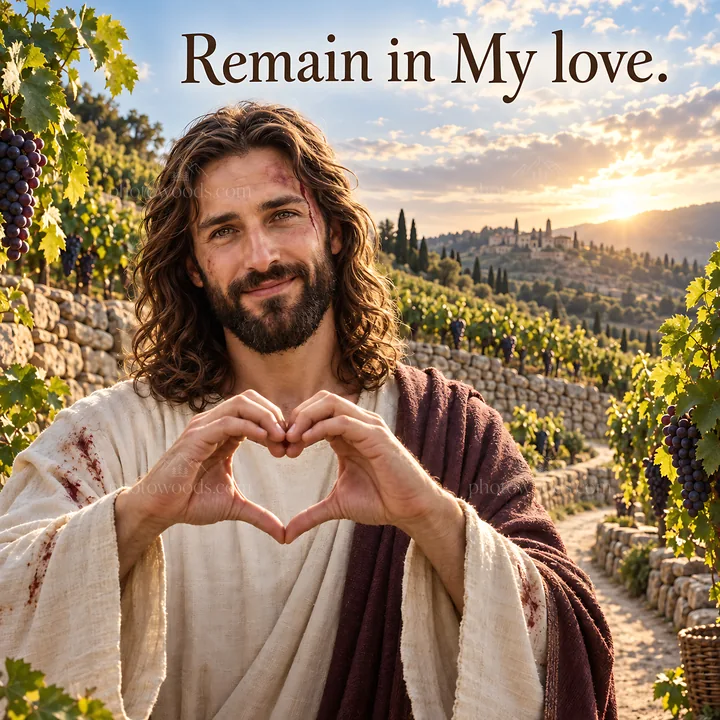 Jesus Christ making a heart shape with his hands in a vineyard - AI-generated stock image