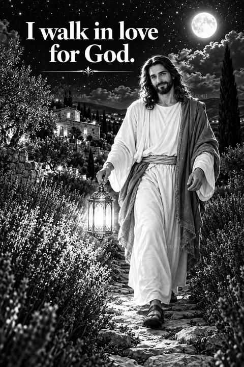 Jesus Christ walking in love for God with lantern at night - AI-generated stock image