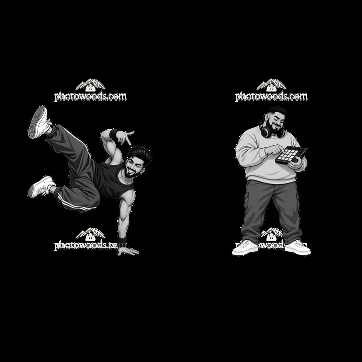 Hip-hop artists breakdancing and producing music in a monochrome style - AI-generated stock image