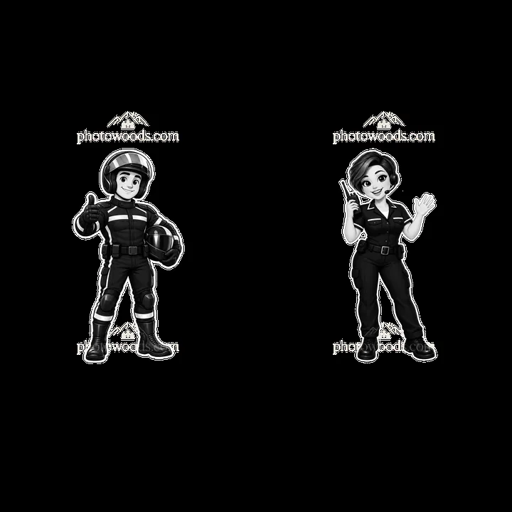 Police officer and dispatcher cartoon sticker pair in black and white - AI-generated stock image