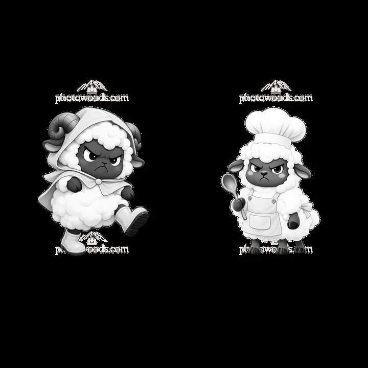 Grumpy sheep characters in playful chef and walking poses - AI-generated stock image
