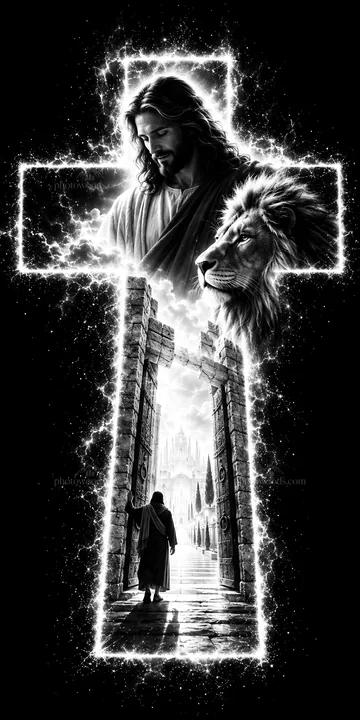 Jesus Christ in cross imagery with lion and gates - AI-generated stock image
