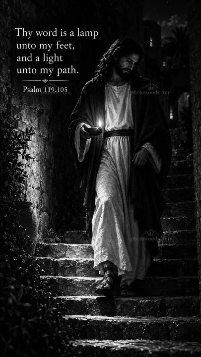 Jesus Christ walking down the stairs holding a lamp - AI-generated stock image