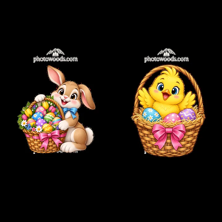 Easter bunny with basket and chick in basket with eggs - AI-generated stock image
