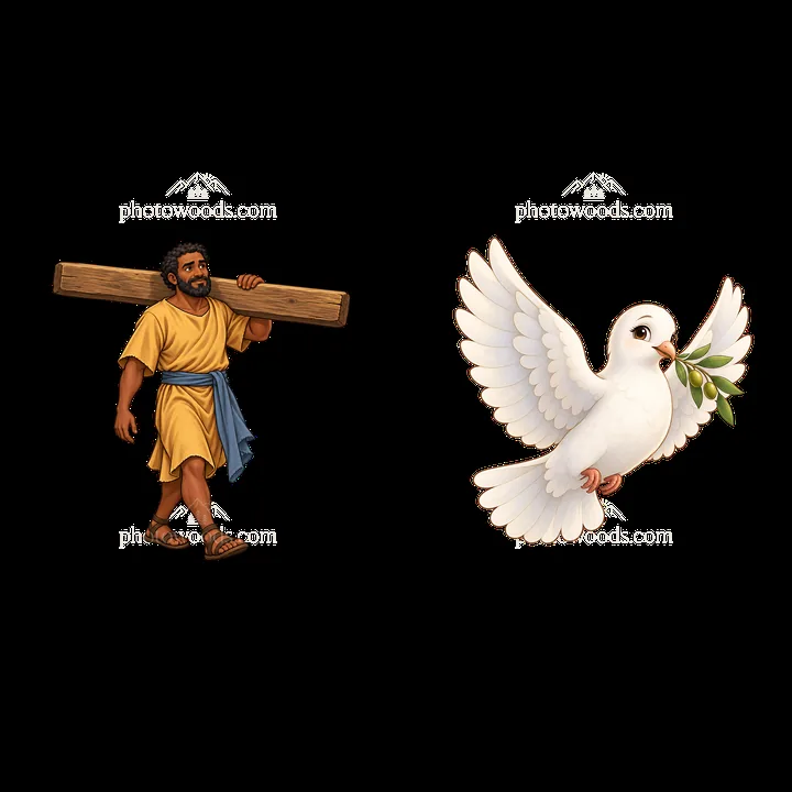 Jesus carrying the cross with a dove holding an olive branch - AI-generated stock image