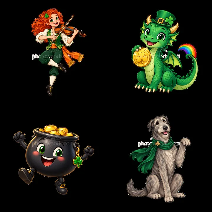 Cartoon St. Patrick's Day characters with dragon, dog, and coins - AI-generated stock image