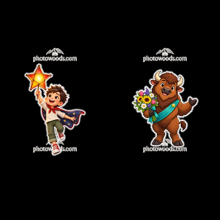 Child and bison character with awards and star in sticker design - AI-generated stock image