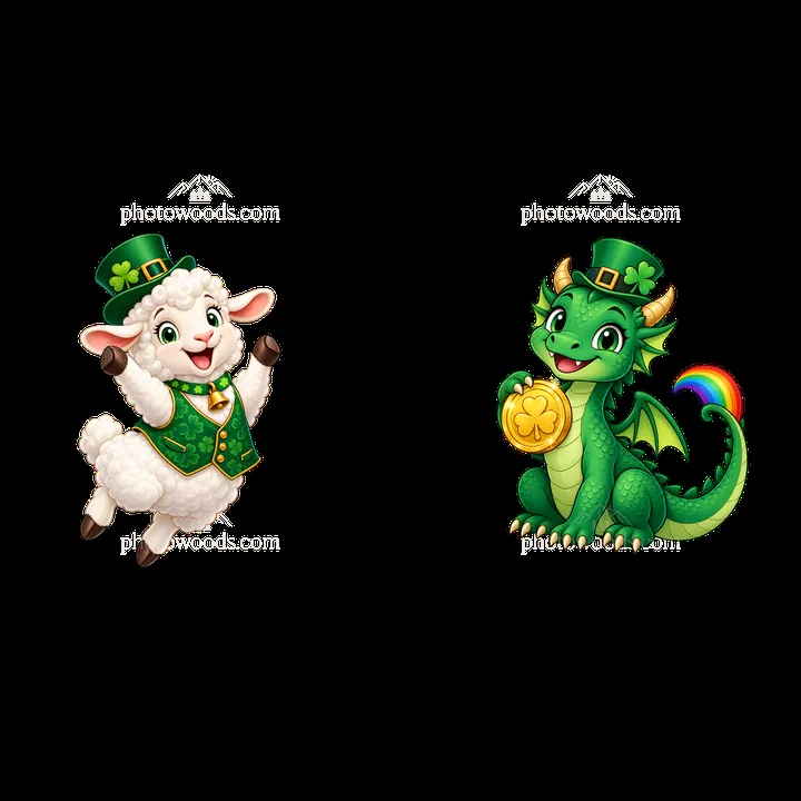 Lamb and dragon characters celebrating St. Patrick's Day - AI-generated stock image