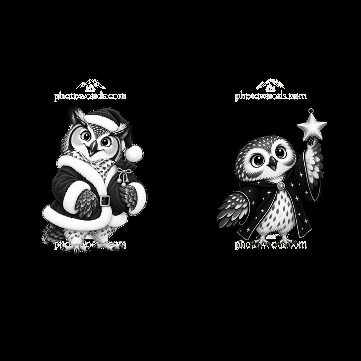 Christmas owls in festive outfits with accessories - AI-generated stock image